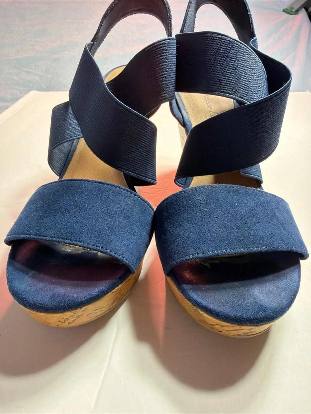 American Eagle Outfitters Navy Wedge Sandals with Elastic Crossover Straps